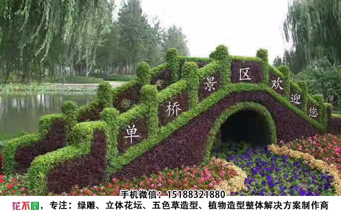 公园景区五色草造型实景拍摄图-单边桥造型