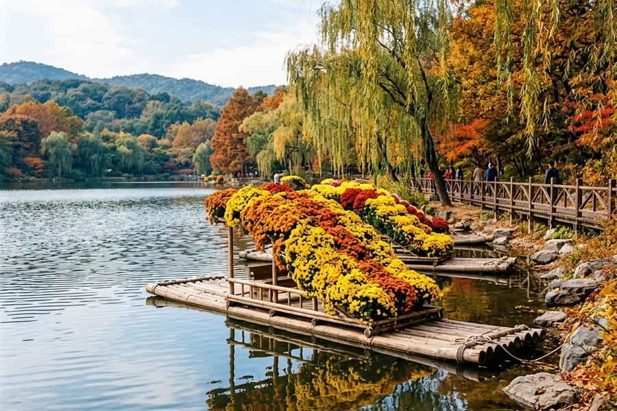 人工湖沿岸悬崖菊与竹排结合的水景菊花造型