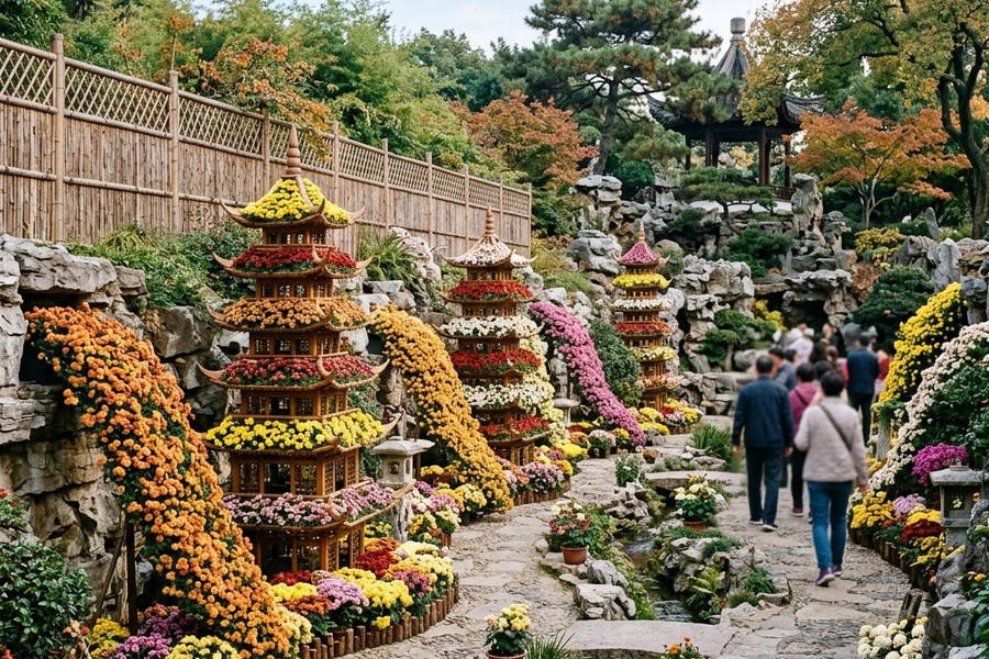 传统塔菊与崖菊结合的菊花展摆放现场