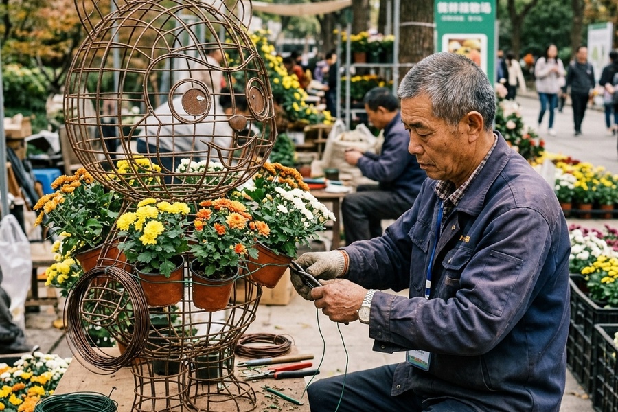开封扎菊师傅正在现场进行现代动漫造型的手工绑扎