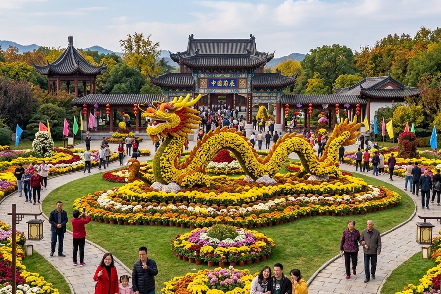 主次景结合的景区菊花展，核心造型与常规地摆错落有致