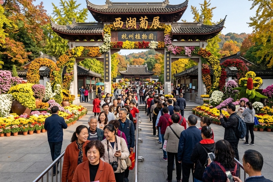 景区菊花展现场火爆的检票现场