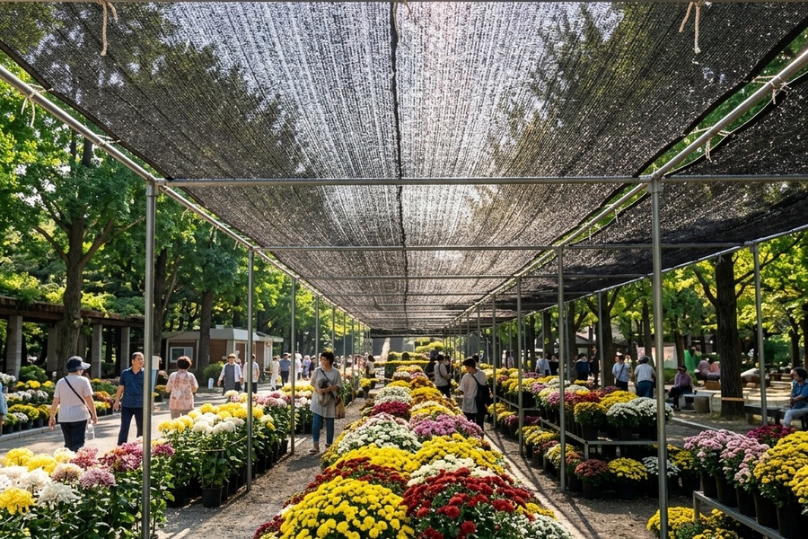 炎热晴天景区菊花展上方架设黑色遮阳网进行控温