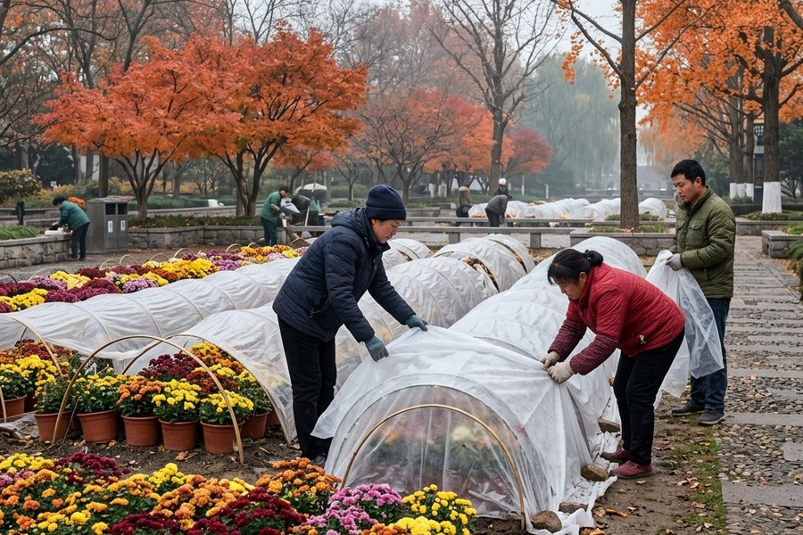 霜冻即将来临时园艺师正在地摆菊花表面覆盖防寒被或搭建地膜拱棚