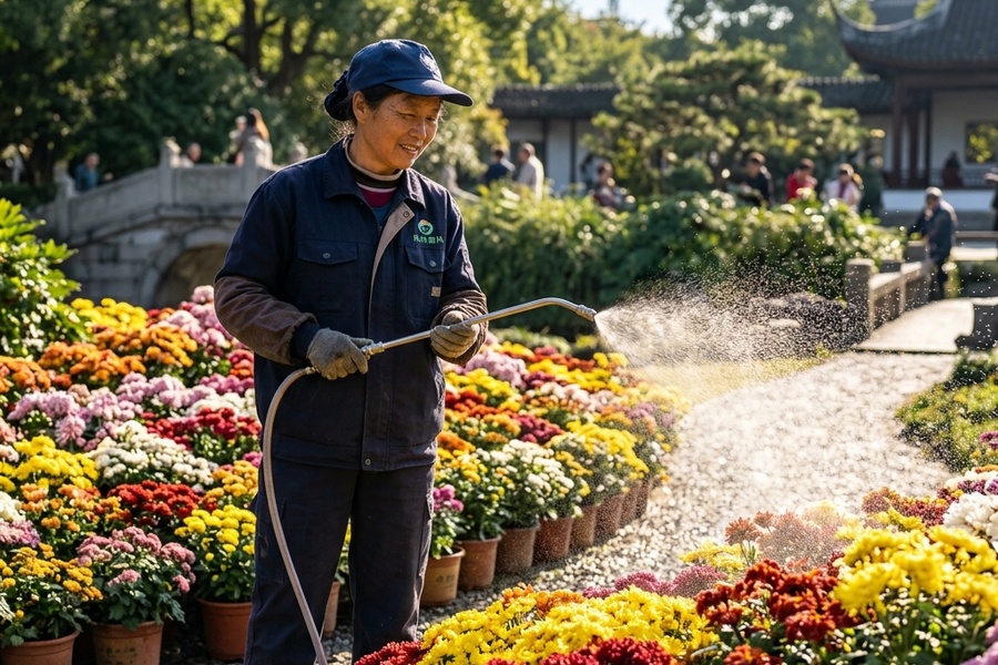 菊花展现场养护人员进行微孔喷灌补水作业