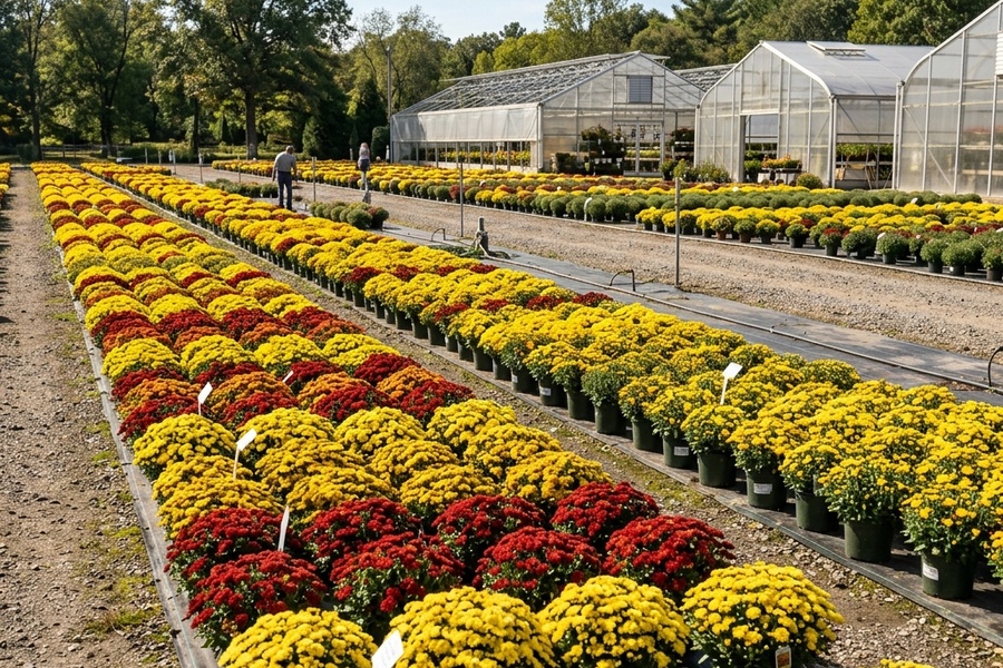 大批量备用菊花在临时养护基地里生机盎然