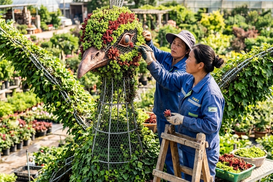开封工人进行绿雕表面手工插草翻新植树