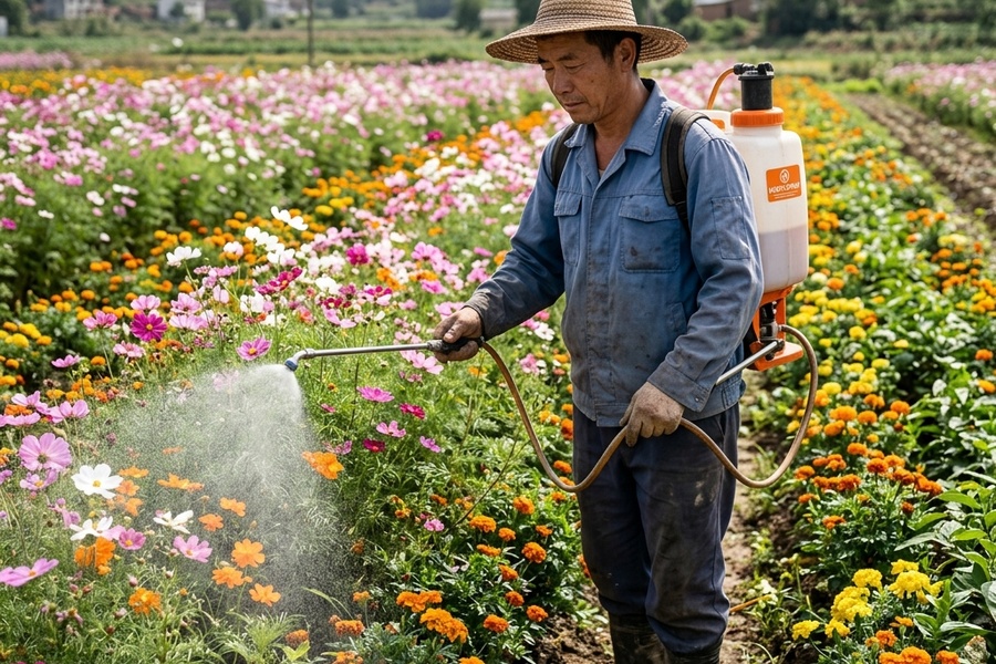 花期控制师现场对波斯菊和万寿菊进行生长调节剂均匀施洒