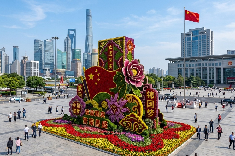 市政广场前宏伟的立体花坛交付效果