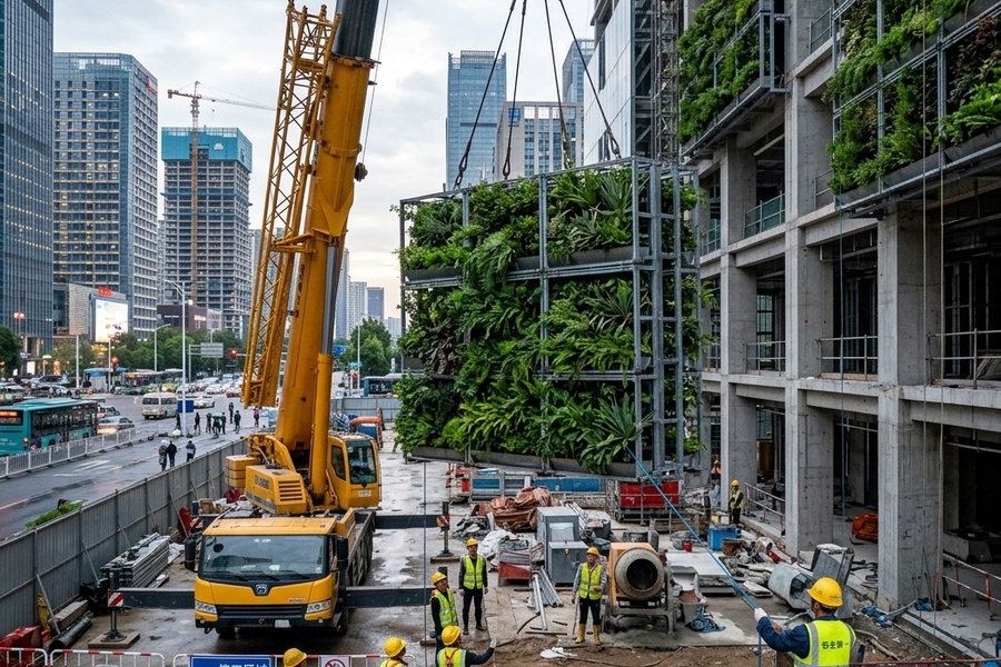 大吨位吊车在广场进行立体花坛模块拼装施工现场