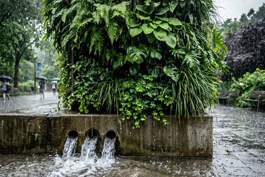 暴雨天气下水流顺畅从立体花坛底层排出实景