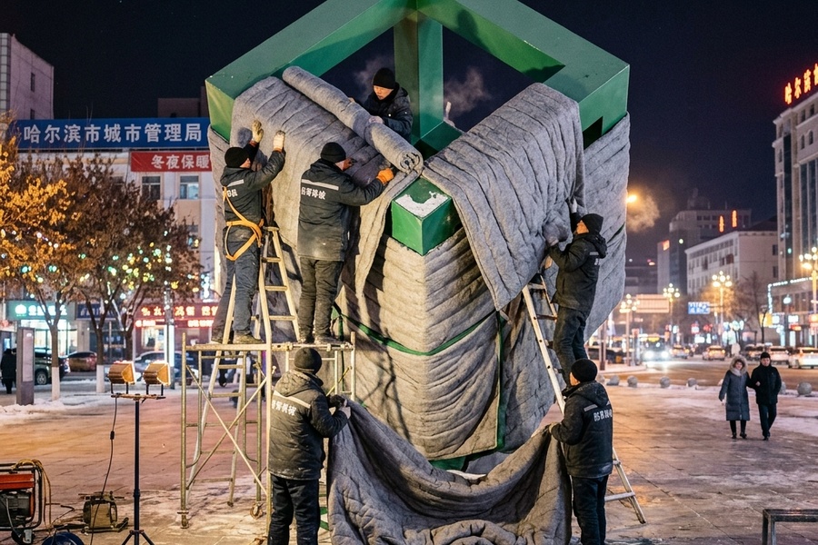 北方寒冷景区夜间对五色草造型进行防寒棉被遮盖