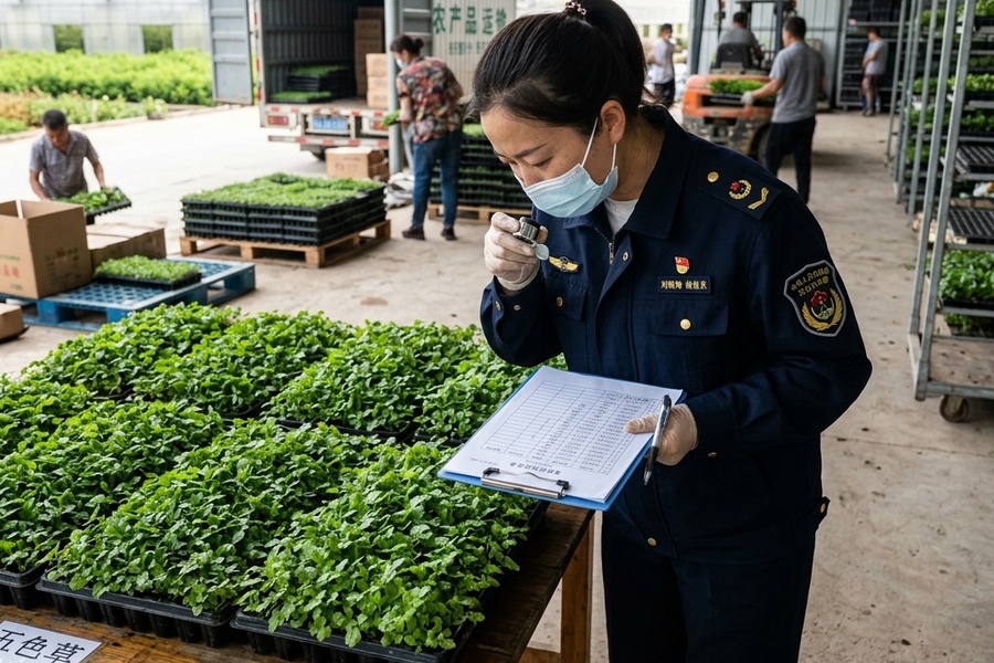 林业检疫站工作人员对出圃的五色草种苗进行现场抽样检疫