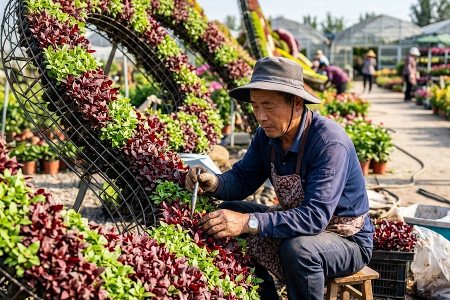 开封手艺人正在高密度手工扦插五色草种苗现场