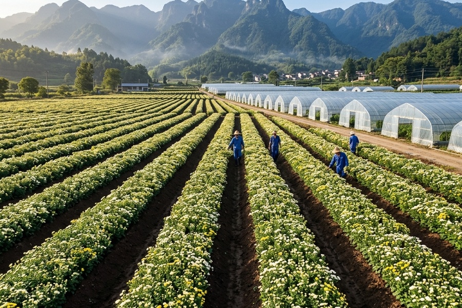 大田药用菊种植基地整齐平直的高标准起垄实景