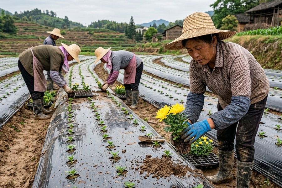 工人在垄面上按照三角形定植规范手工移栽金丝皇菊种苗现场