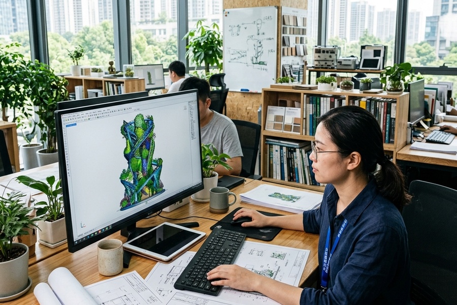 钢构放样车间内放样师正在进行一比一地面格栅放线与钢材对弯