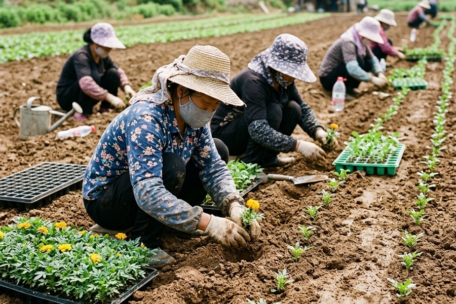 大田整地后，工人们进行高成活率时令草花穴盘苗移栽作业