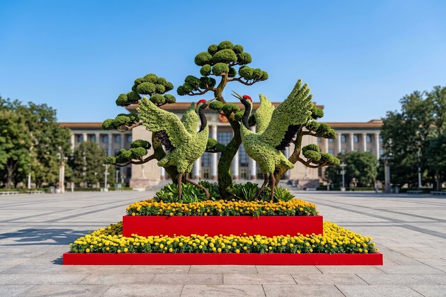 监理工程师与项目负责人在立体花坛施工现场进行防倾覆螺栓检测
