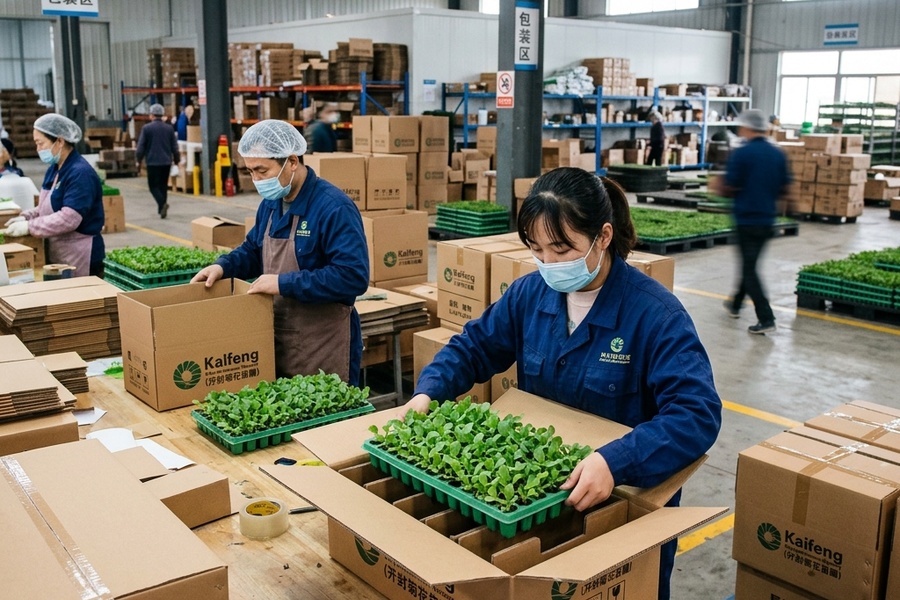 打包车间内工人正在进行穴盘苗纸箱卡槽包装操作