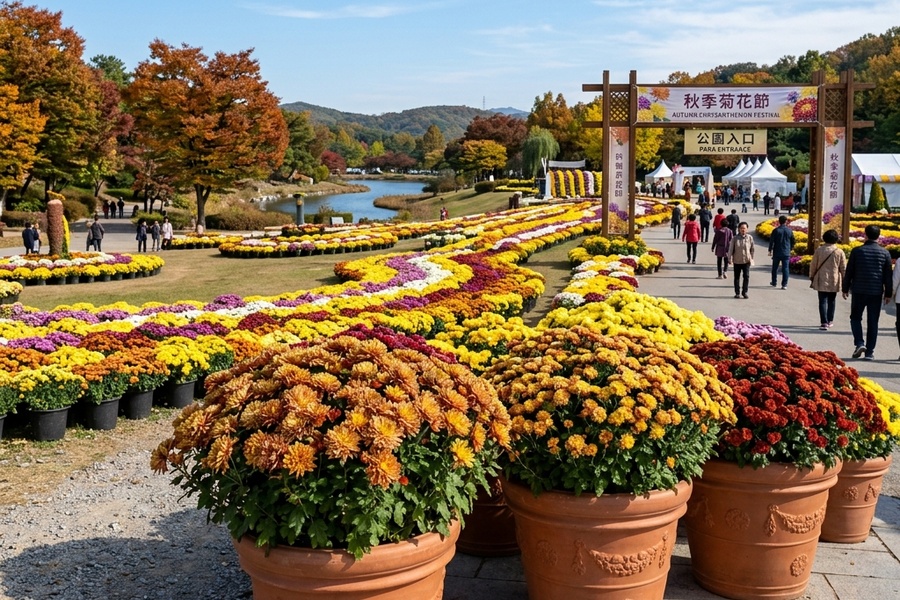 主入口摆放的大口径精品陶土盆菊花与远景160双色盆色彩地摆完美结合